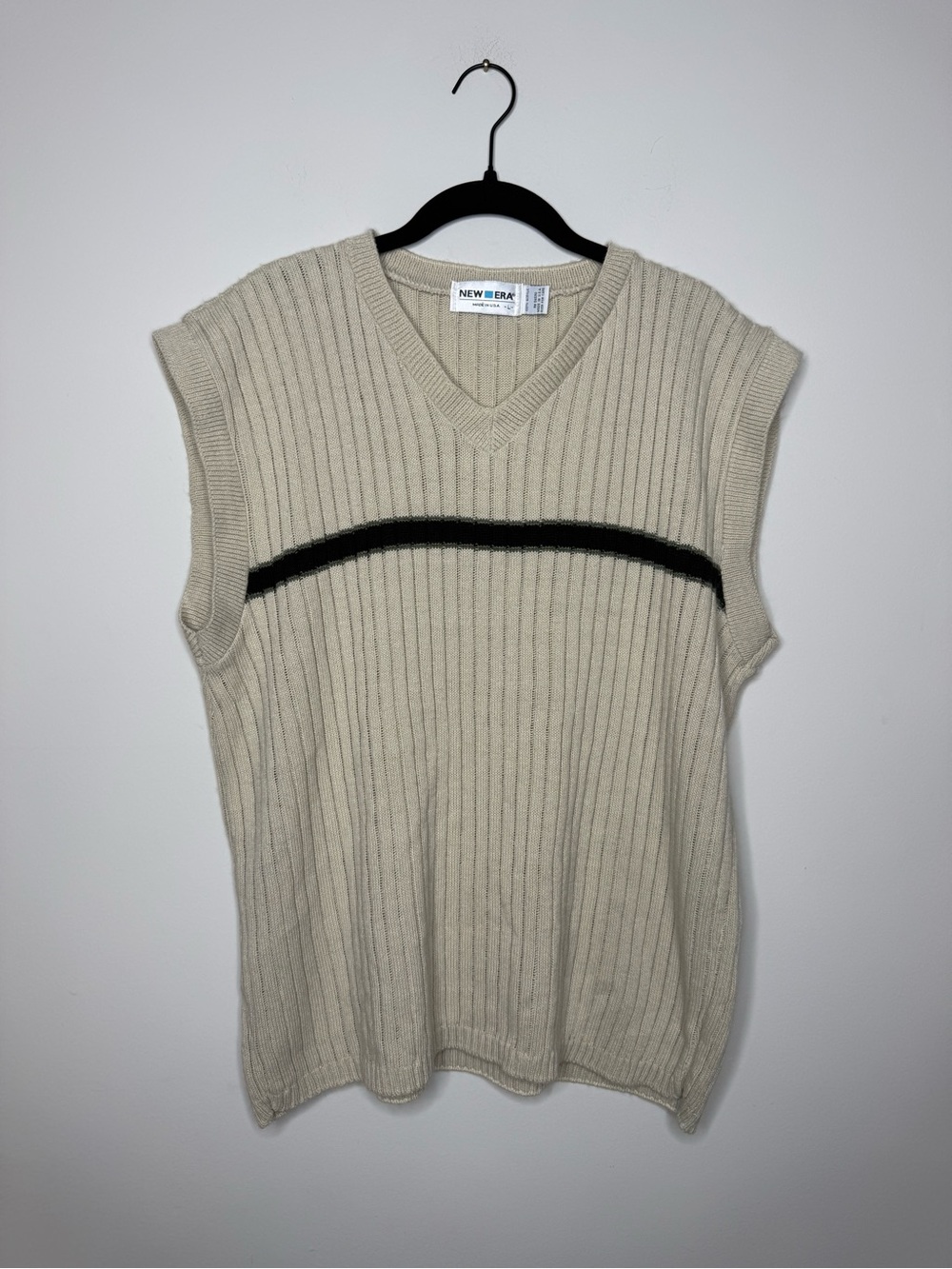 Vintage New Era Cream Ribbed V-Neck Sweater Vest with Black Stripe Detail